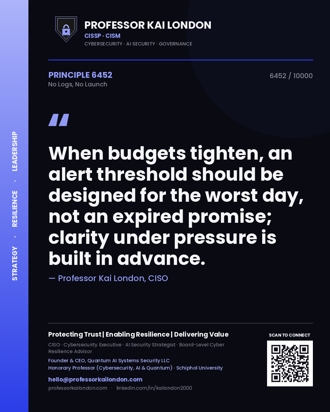 Professor Kai London principle 6452: When budgets tighten, an alert threshold should be designed for the worst day, not an expired promise; clarity under pressure is built in advance.