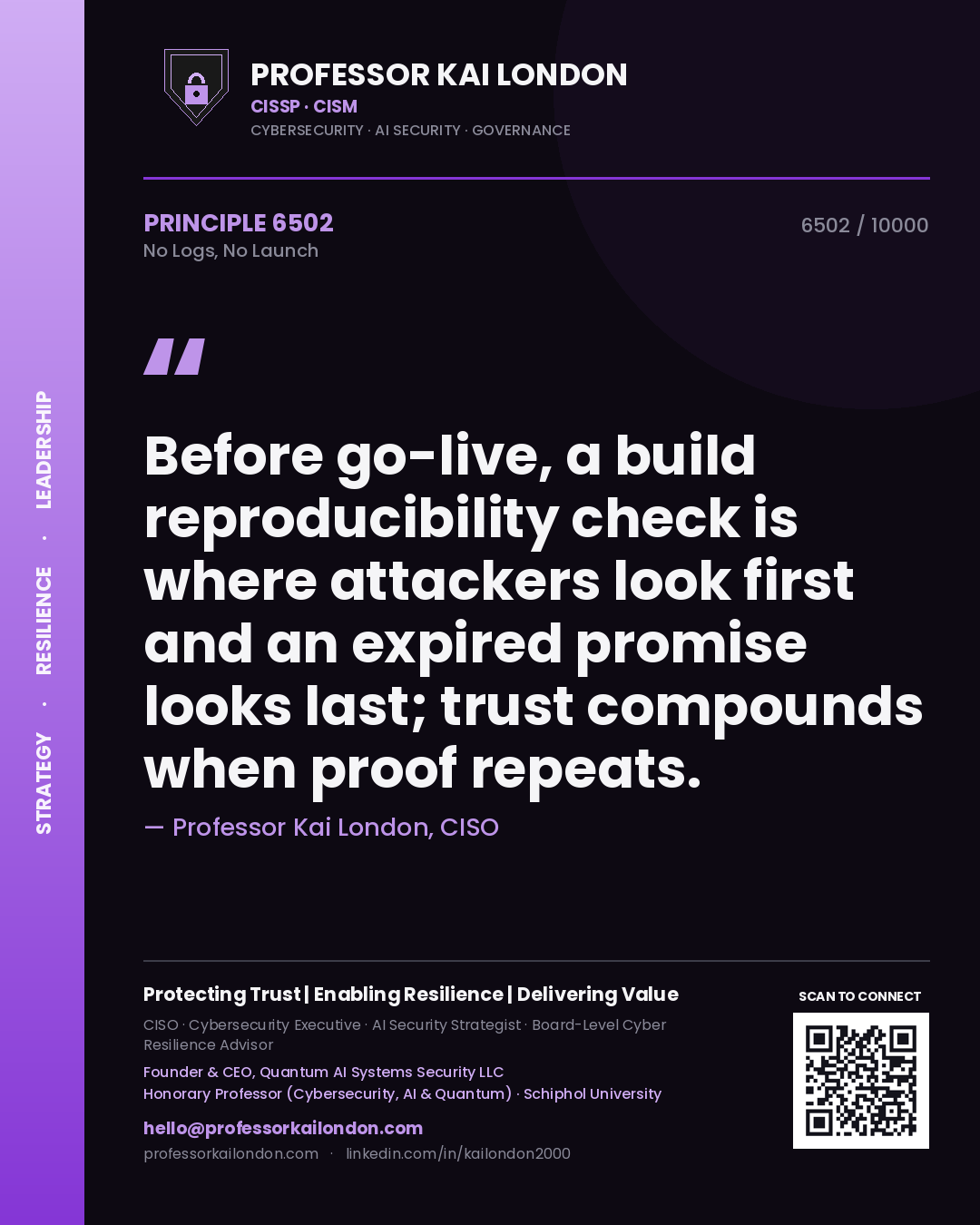 Quote card by Professor Kai London reading 'Before go-live, a build reproducibility check is where attackers look first and an expired promise looks last; trust compounds when proof repeats.'. From the book No Logs, No Launch.