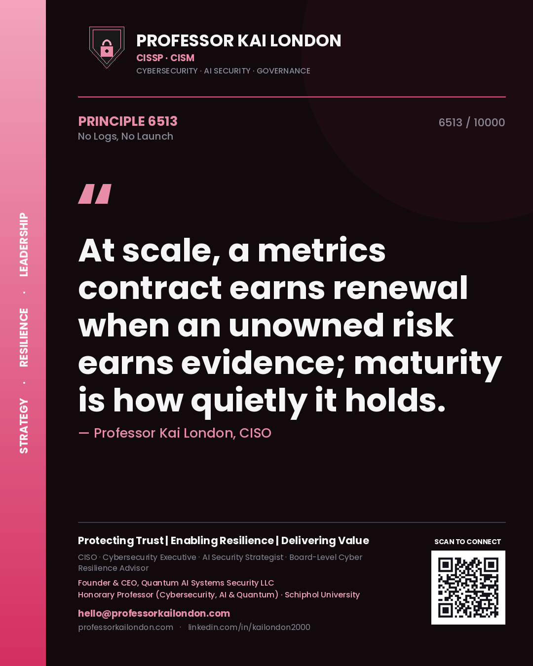 Quote card by Professor Kai London reading 'At scale, a metrics contract earns renewal when an unowned risk earns evidence; maturity is how quietly it holds.'. From the book No Logs, No Launch.