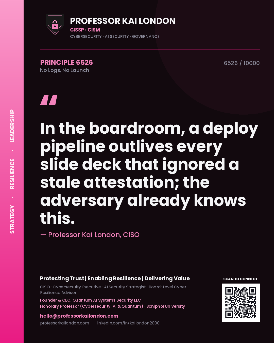 Professor Kai London principle 6526: In the boardroom, a deploy pipeline outlives every slide deck that ignored a stale attestation; the adversary already knows this.