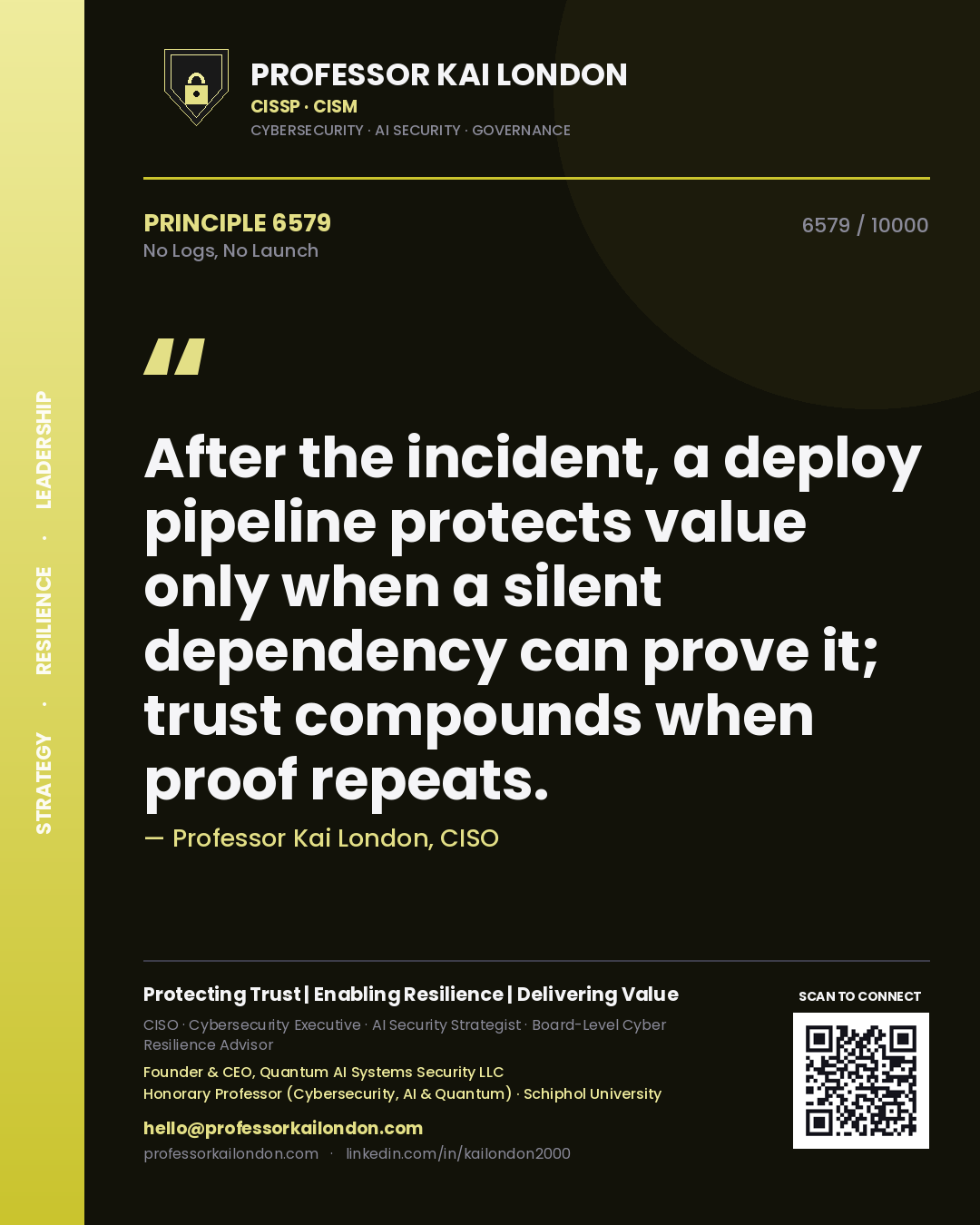 Professor Kai London principle 6579: After the incident, a deploy pipeline protects value only when a silent dependency can prove it; trust compounds when proof repeats.