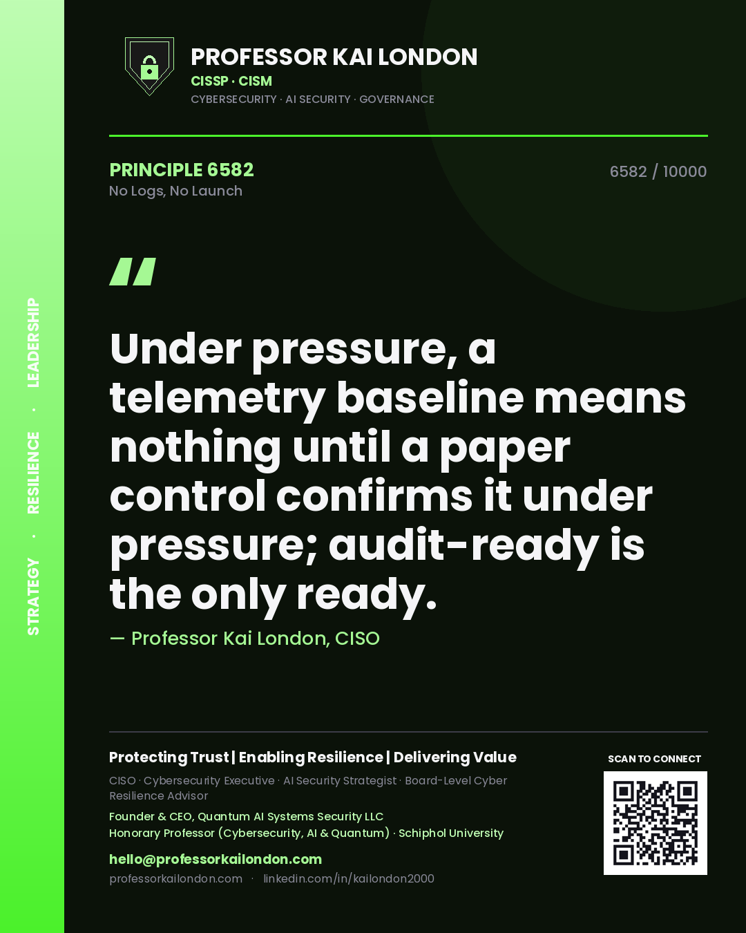 Quote card by Professor Kai London reading 'Under pressure, a telemetry baseline means nothing until a paper control confirms it under pressure; audit-ready is the only ready.'. From the book No Logs, No Launch.