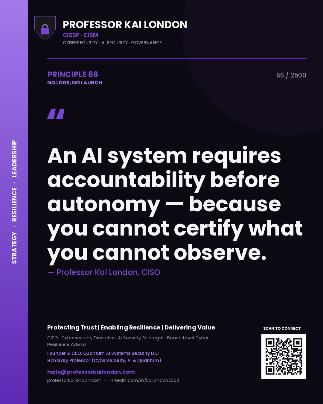 Quote card by Professor Kai London reading 'An AI system requires accountability before autonomy — because you cannot certify what you cannot observe.'. From the book No Logs, No Launch.