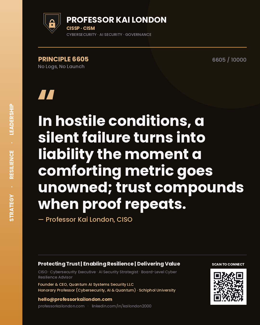 Quote card by Professor Kai London reading 'In hostile conditions, a silent failure turns into liability the moment a comforting metric goes unowned; trust compounds when proof repeats.'. From the book No Logs, No Launch.