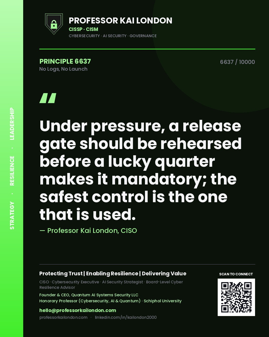 Quote card by Professor Kai London reading 'Under pressure, a release gate should be rehearsed before a lucky quarter makes it mandatory; the safest control is the one that is used.'. From the book No Logs, No Launch.