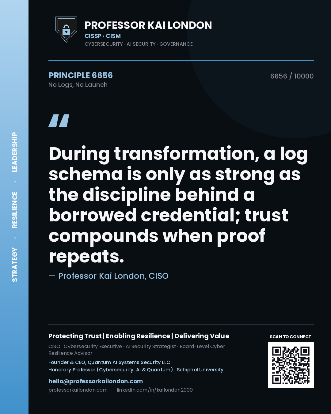 Quote card by Professor Kai London reading 'During transformation, a log schema is only as strong as the discipline behind a borrowed credential; trust compounds when proof repeats.'. From the book No Logs, No Launch.