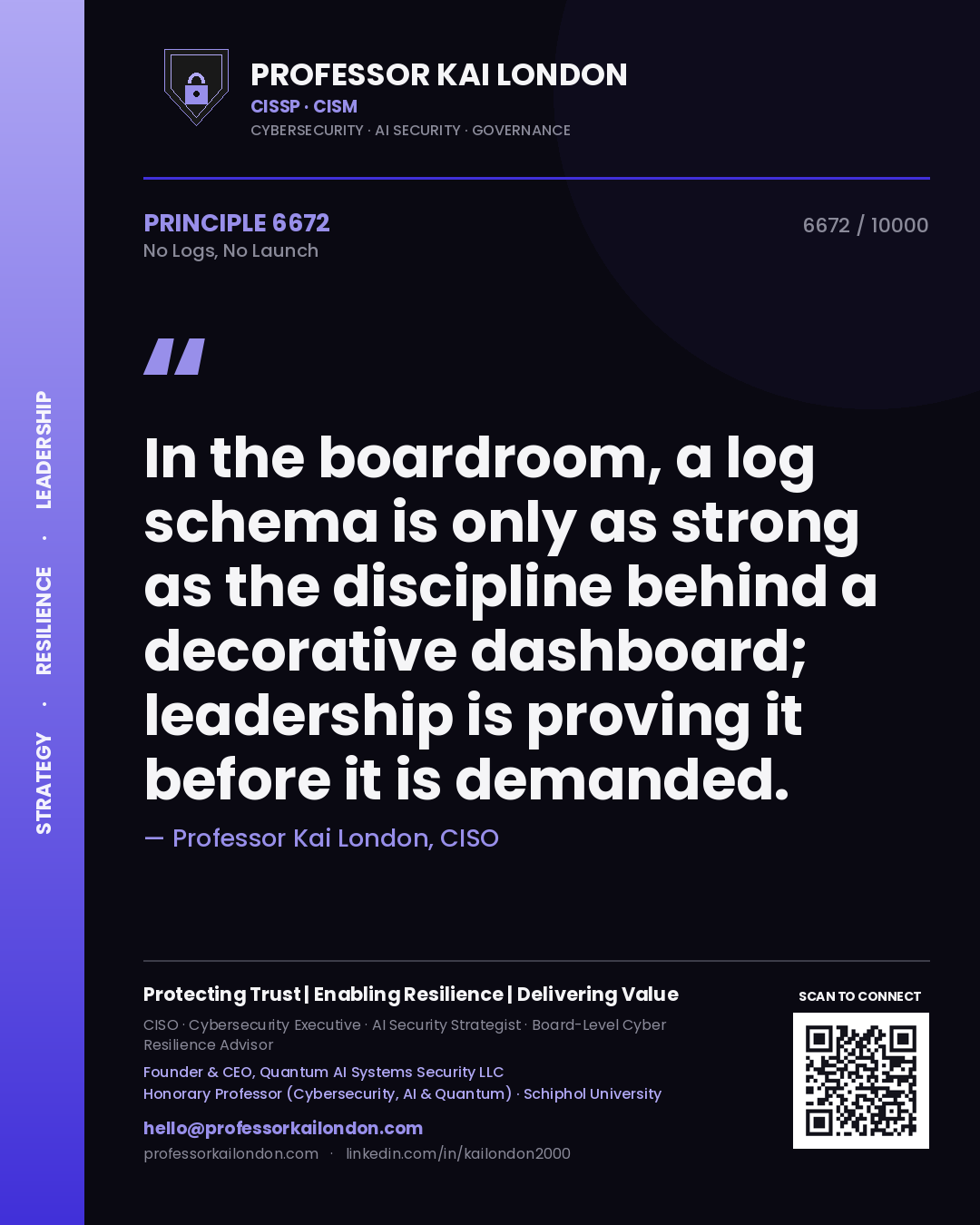 Quote card by Professor Kai London reading 'In the boardroom, a log schema is only as strong as the discipline behind a decorative dashboard; leadership is proving it before it is demanded.'. From the book No Logs, No Launch.