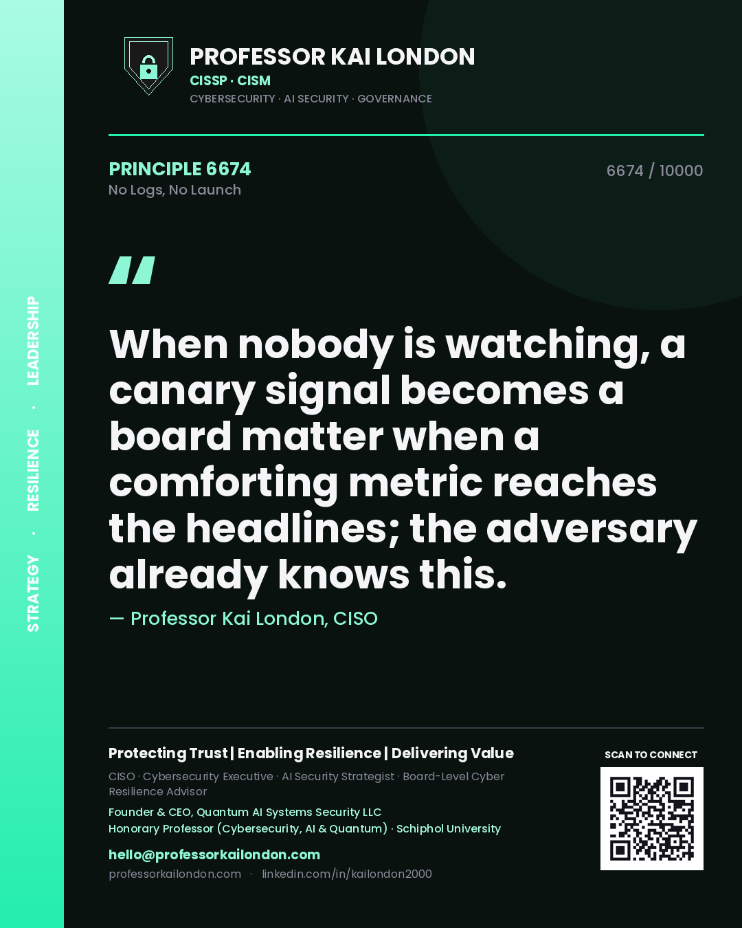 Quote card by Professor Kai London reading 'When nobody is watching, a canary signal becomes a board matter when a comforting metric reaches the headlines; the adversary already knows this.'. From the book No Logs, No Launch.