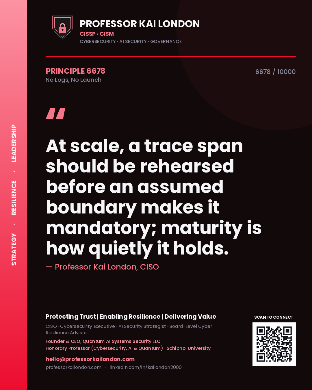 Quote card by Professor Kai London reading 'At scale, a trace span should be rehearsed before an assumed boundary makes it mandatory; maturity is how quietly it holds.'. From the book No Logs, No Launch.