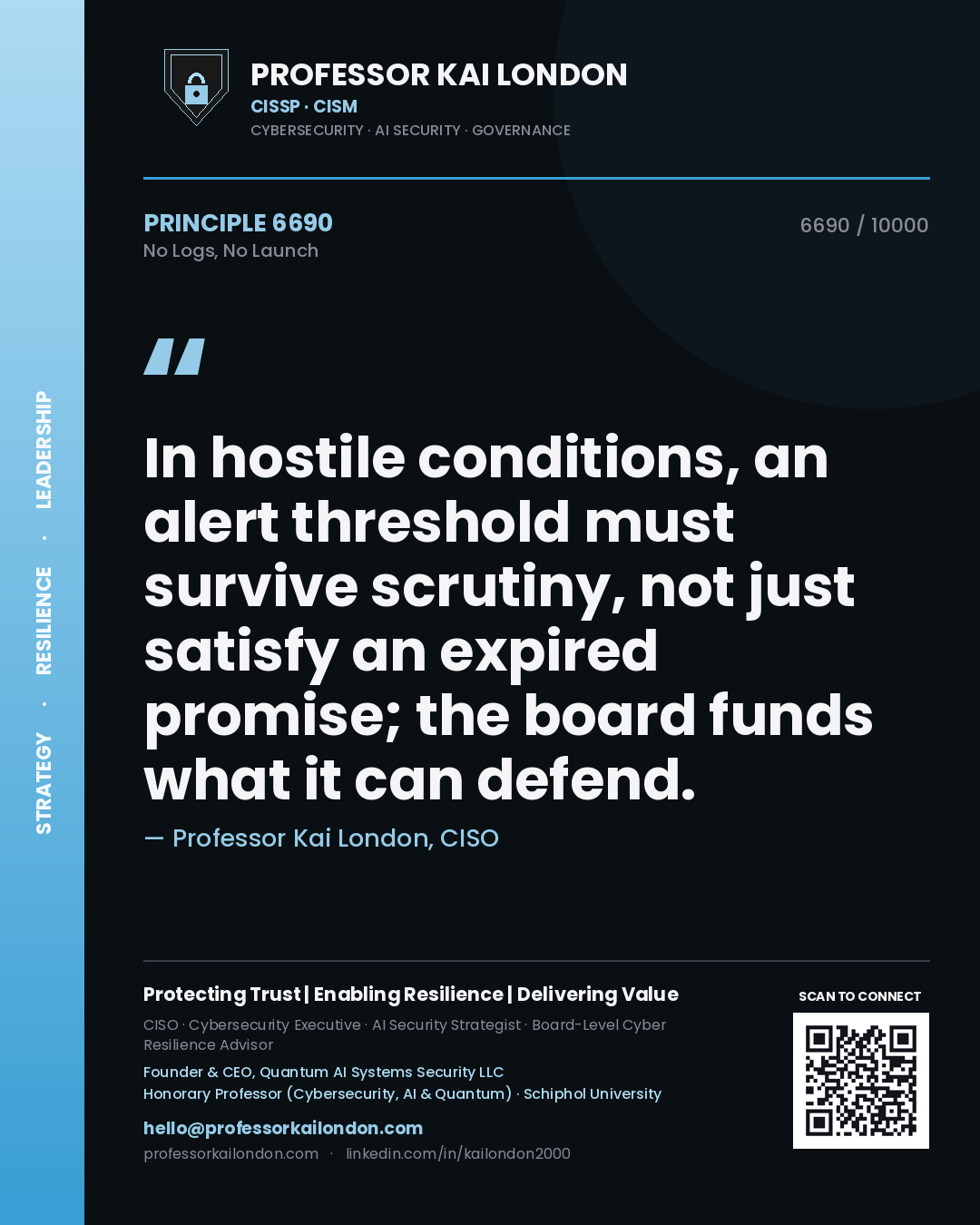Quote card by Professor Kai London reading 'In hostile conditions, an alert threshold must survive scrutiny, not just satisfy an expired promise; the board funds what it can defend.'. From the book No Logs, No Launch.