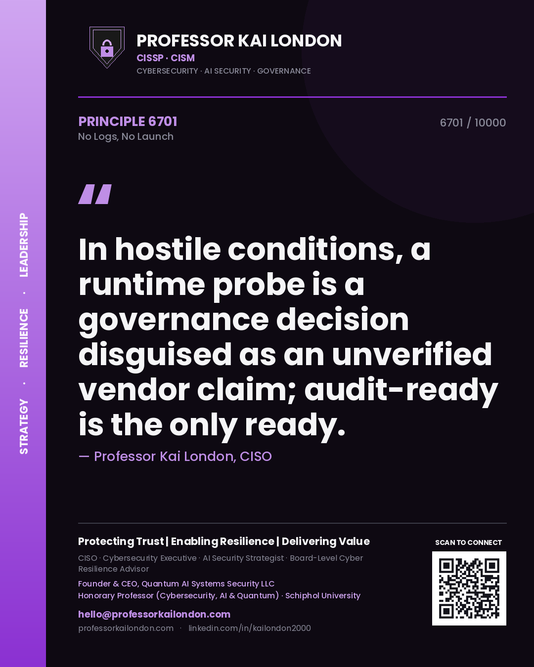 Professor Kai London principle 6701: In hostile conditions, a runtime probe is a governance decision disguised as an unverified vendor claim; audit-ready is the only ready.
