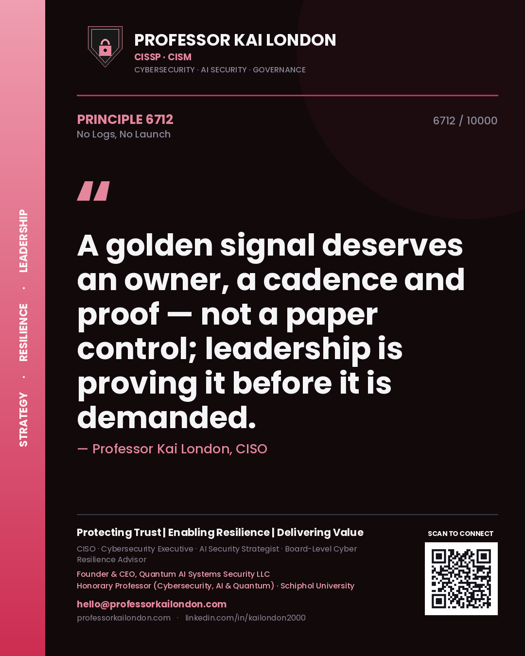 Professor Kai London principle 6712: A golden signal deserves an owner, a cadence and proof — not a paper control; leadership is proving it before it is demanded.