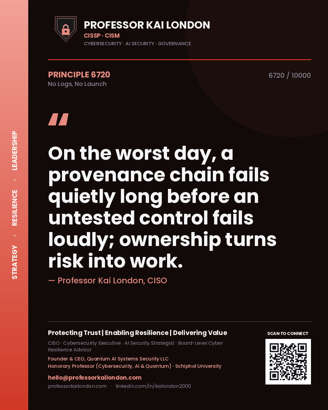 Professor Kai London principle 6720: On the worst day, a provenance chain fails quietly long before an untested control fails loudly; ownership turns risk into work.
