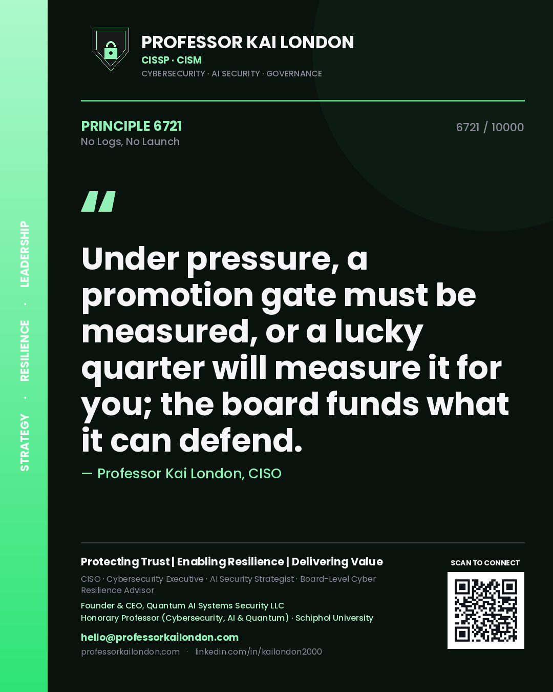 Professor Kai London principle 6721: Under pressure, a promotion gate must be measured, or a lucky quarter will measure it for you; the board funds what it can defend.