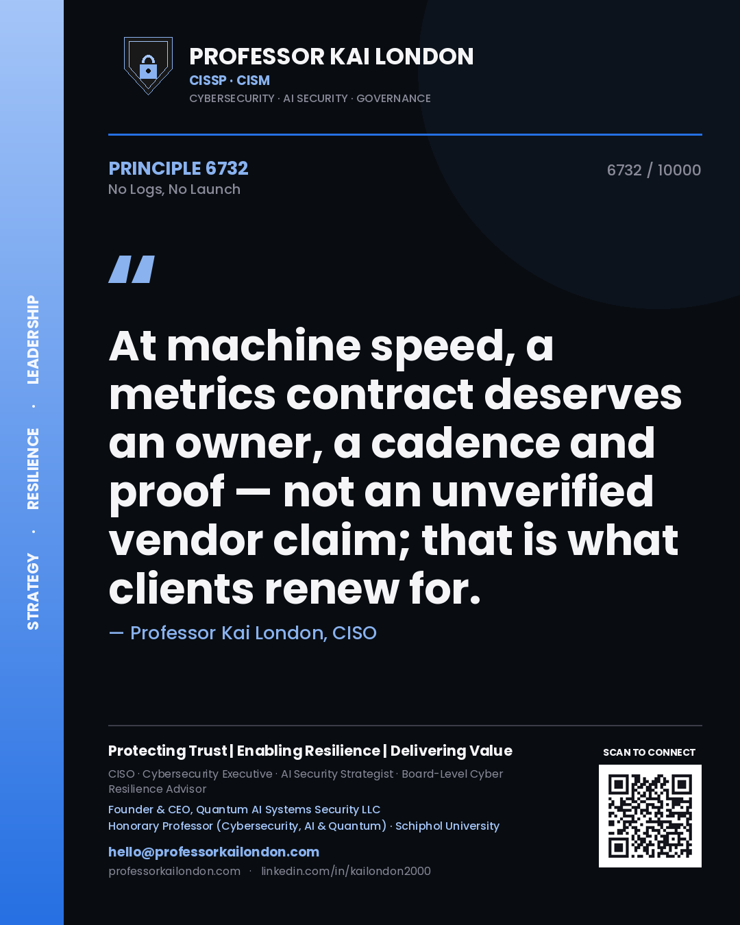 Quote card by Professor Kai London reading 'At machine speed, a metrics contract deserves an owner, a cadence and proof — not an unverified vendor claim; that is what clients renew for.'. From the book No Logs, No Launch.