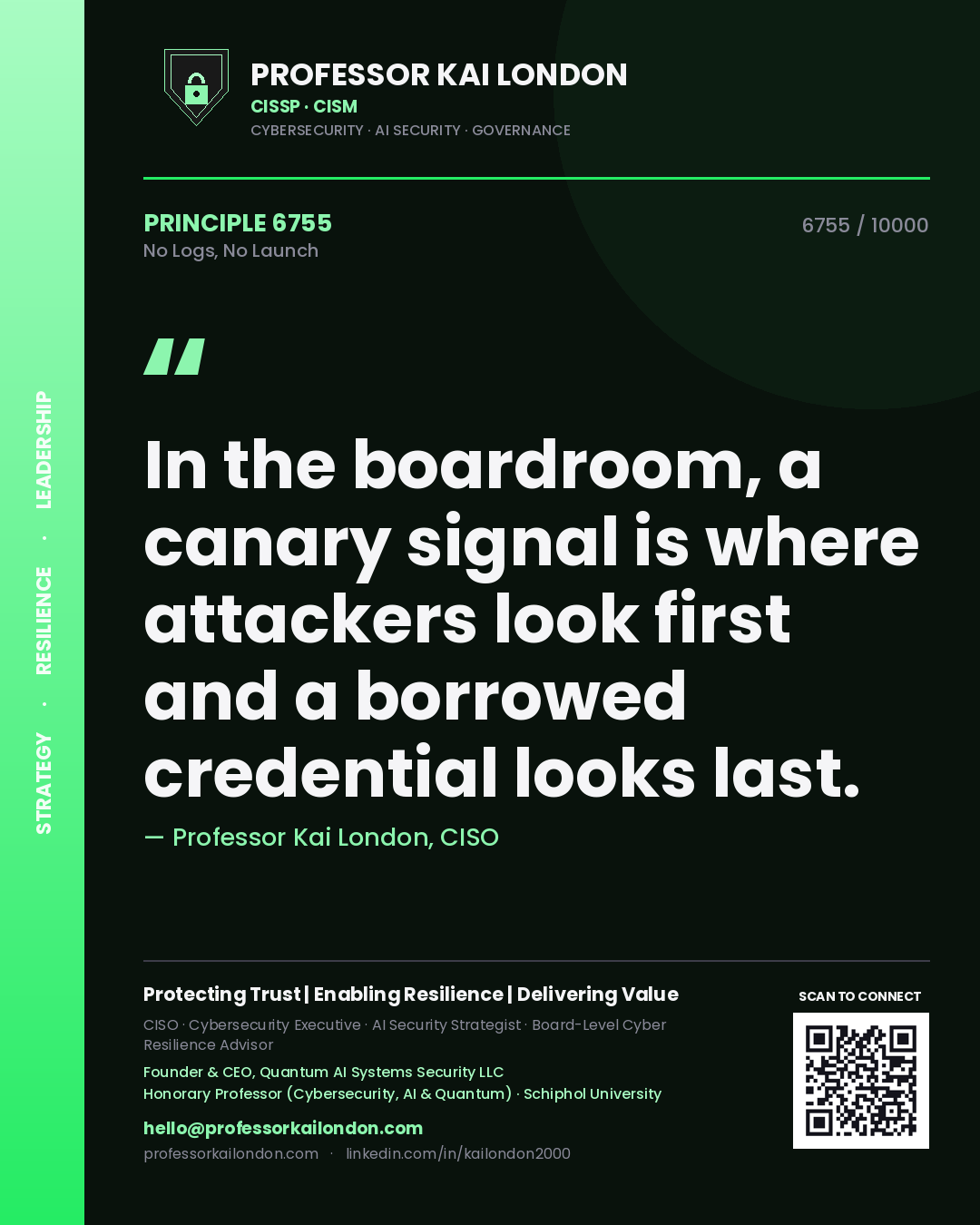 Professor Kai London principle 6755: In the boardroom, a canary signal is where attackers look first and a borrowed credential looks last.