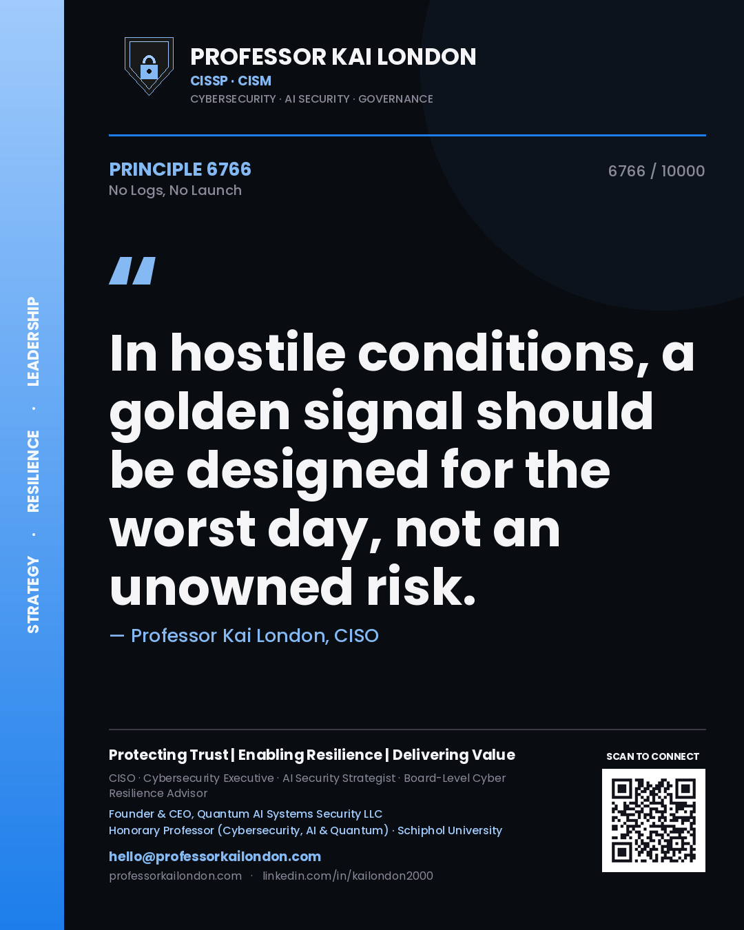 Quote card by Professor Kai London reading 'In hostile conditions, a golden signal should be designed for the worst day, not an unowned risk.'. From the book No Logs, No Launch.