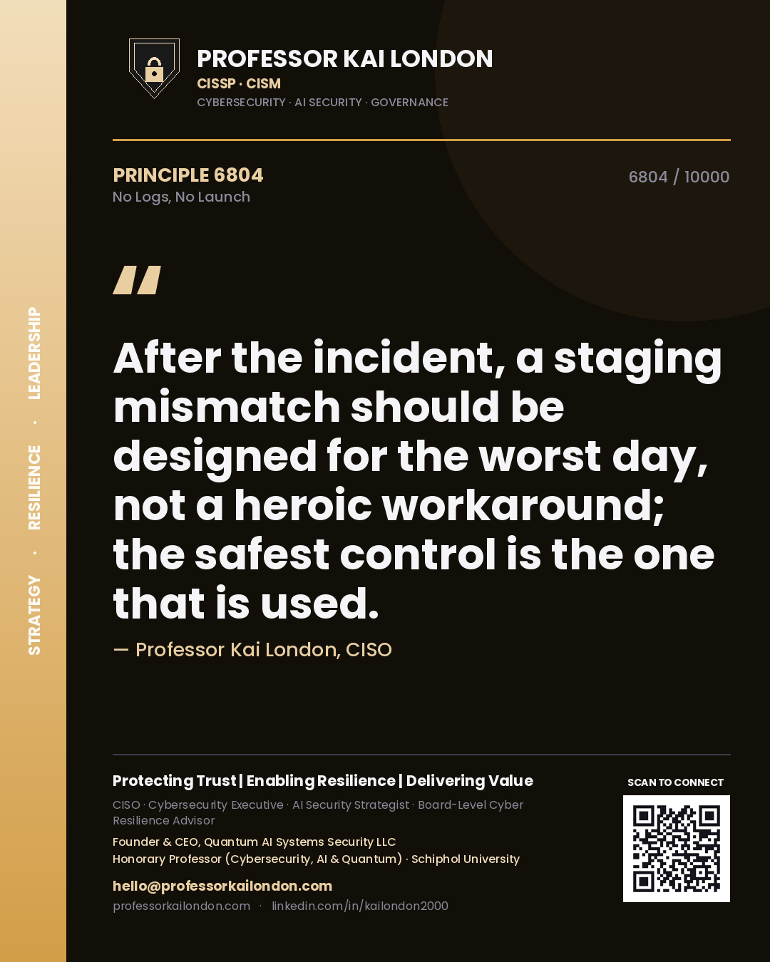 Professor Kai London principle 6804: After the incident, a staging mismatch should be designed for the worst day, not a heroic workaround; the safest control is the one that is used.