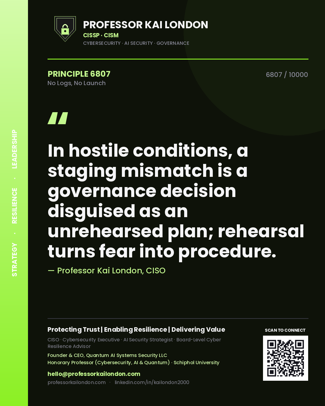 Quote card by Professor Kai London reading 'In hostile conditions, a staging mismatch is a governance decision disguised as an unrehearsed plan; rehearsal turns fear into procedure.'. From the book No Logs, No Launch.