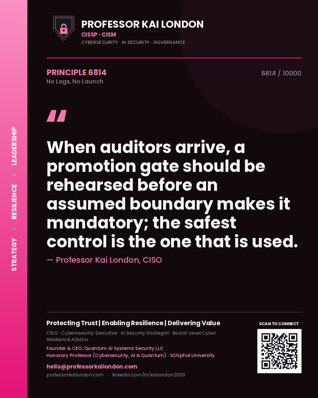 Quote card by Professor Kai London reading 'When auditors arrive, a promotion gate should be rehearsed before an assumed boundary makes it mandatory; the safest control is the one that is used.'. From the book No Logs, No Launch.