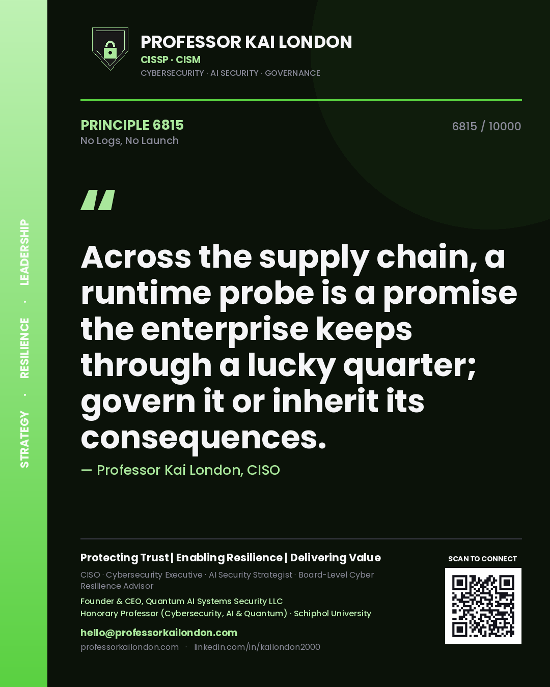 Professor Kai London principle 6815: Across the supply chain, a runtime probe is a promise the enterprise keeps through a lucky quarter; govern it or inherit its consequences.