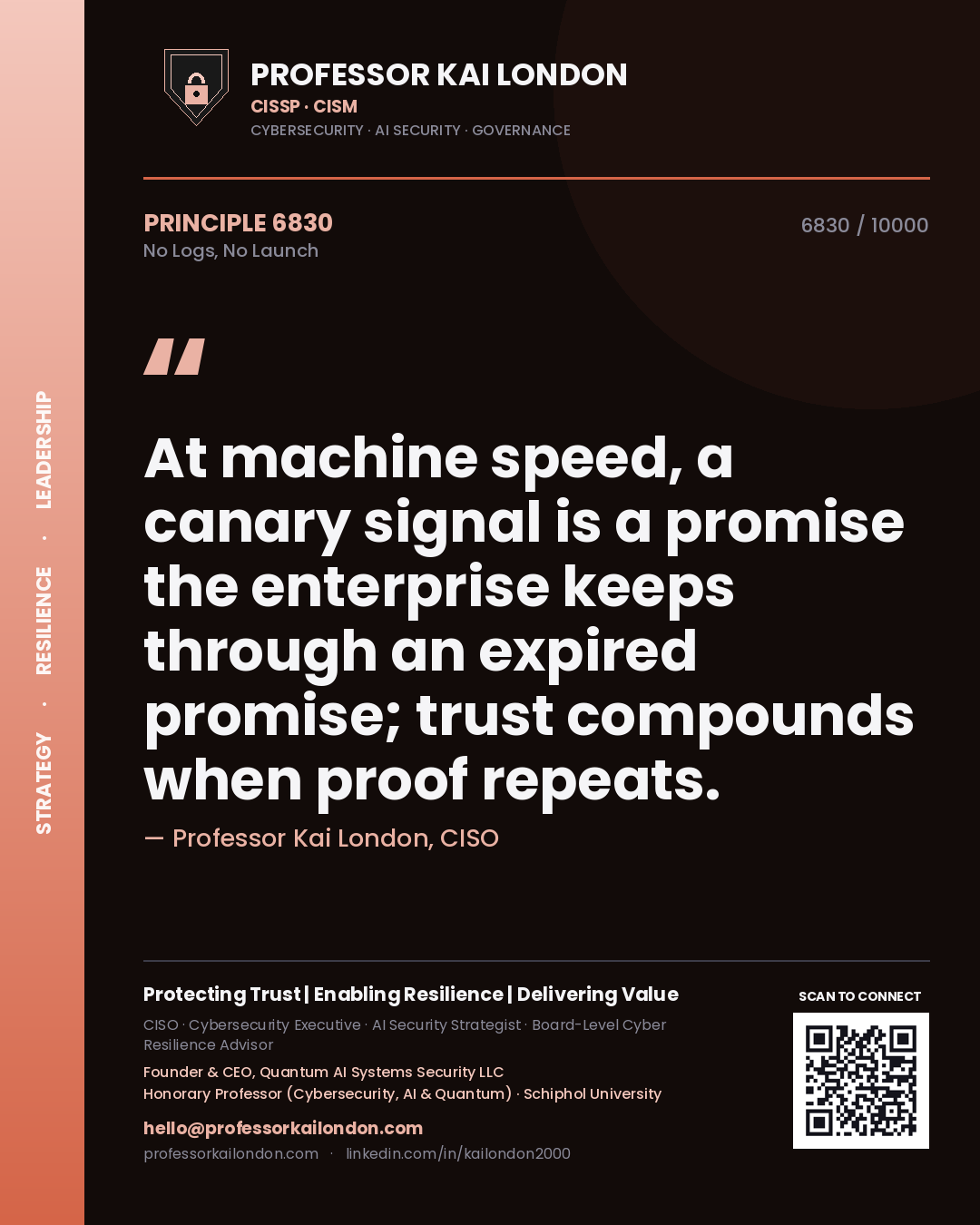 Quote card by Professor Kai London reading 'At machine speed, a canary signal is a promise the enterprise keeps through an expired promise; trust compounds when proof repeats.'. From the book No Logs, No Launch.