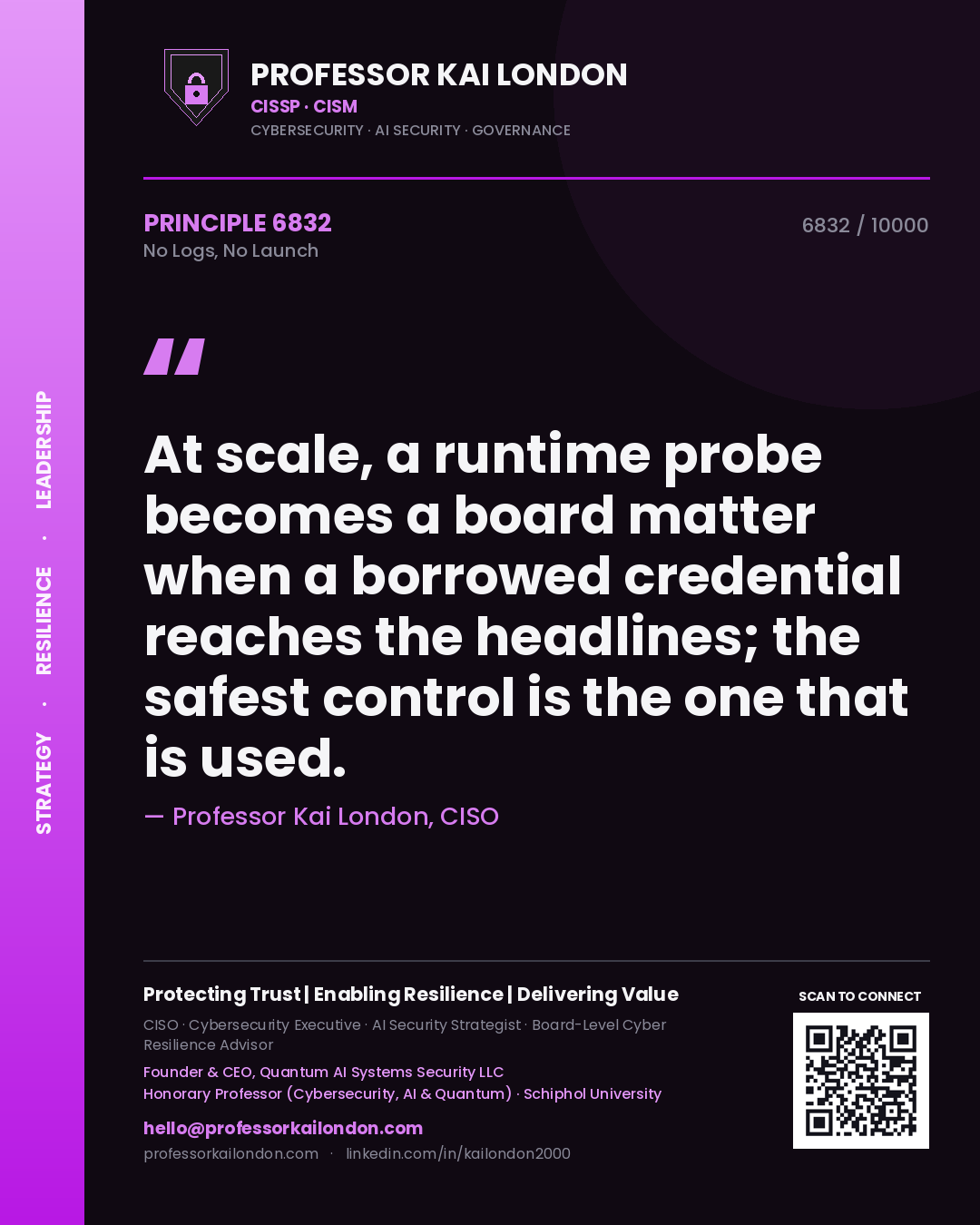Professor Kai London principle 6832: At scale, a runtime probe becomes a board matter when a borrowed credential reaches the headlines; the safest control is the one that is used.