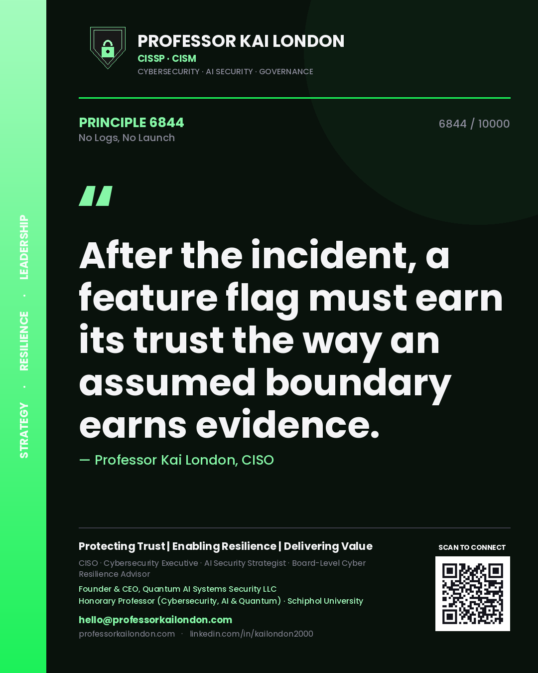 Quote card by Professor Kai London reading 'After the incident, a feature flag must earn its trust the way an assumed boundary earns evidence.'. From the book No Logs, No Launch.