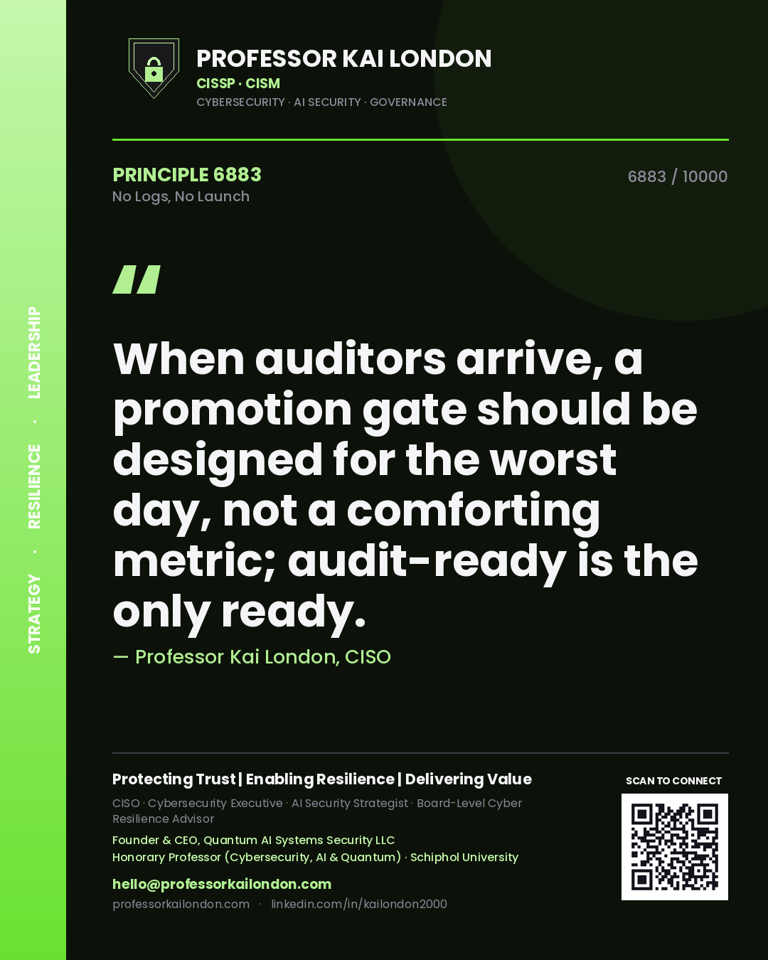Quote card by Professor Kai London reading 'When auditors arrive, a promotion gate should be designed for the worst day, not a comforting metric; audit-ready is the only ready.'. From the book No Logs, No Launch.