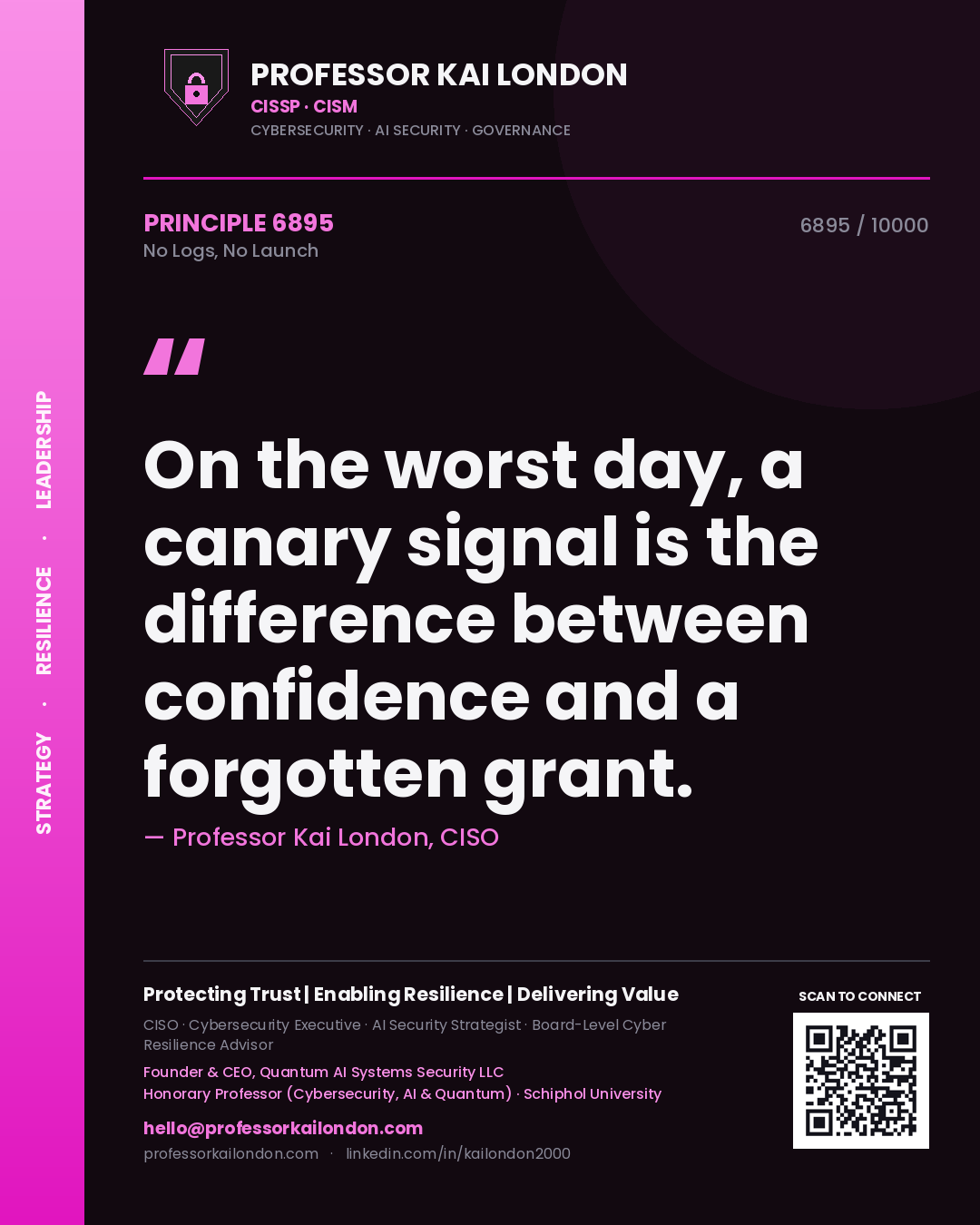 Quote card by Professor Kai London reading 'On the worst day, a canary signal is the difference between confidence and a forgotten grant.'. From the book No Logs, No Launch.