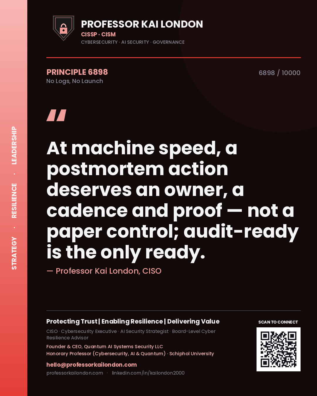 Professor Kai London principle 6898: At machine speed, a postmortem action deserves an owner, a cadence and proof — not a paper control; audit-ready is the only ready.