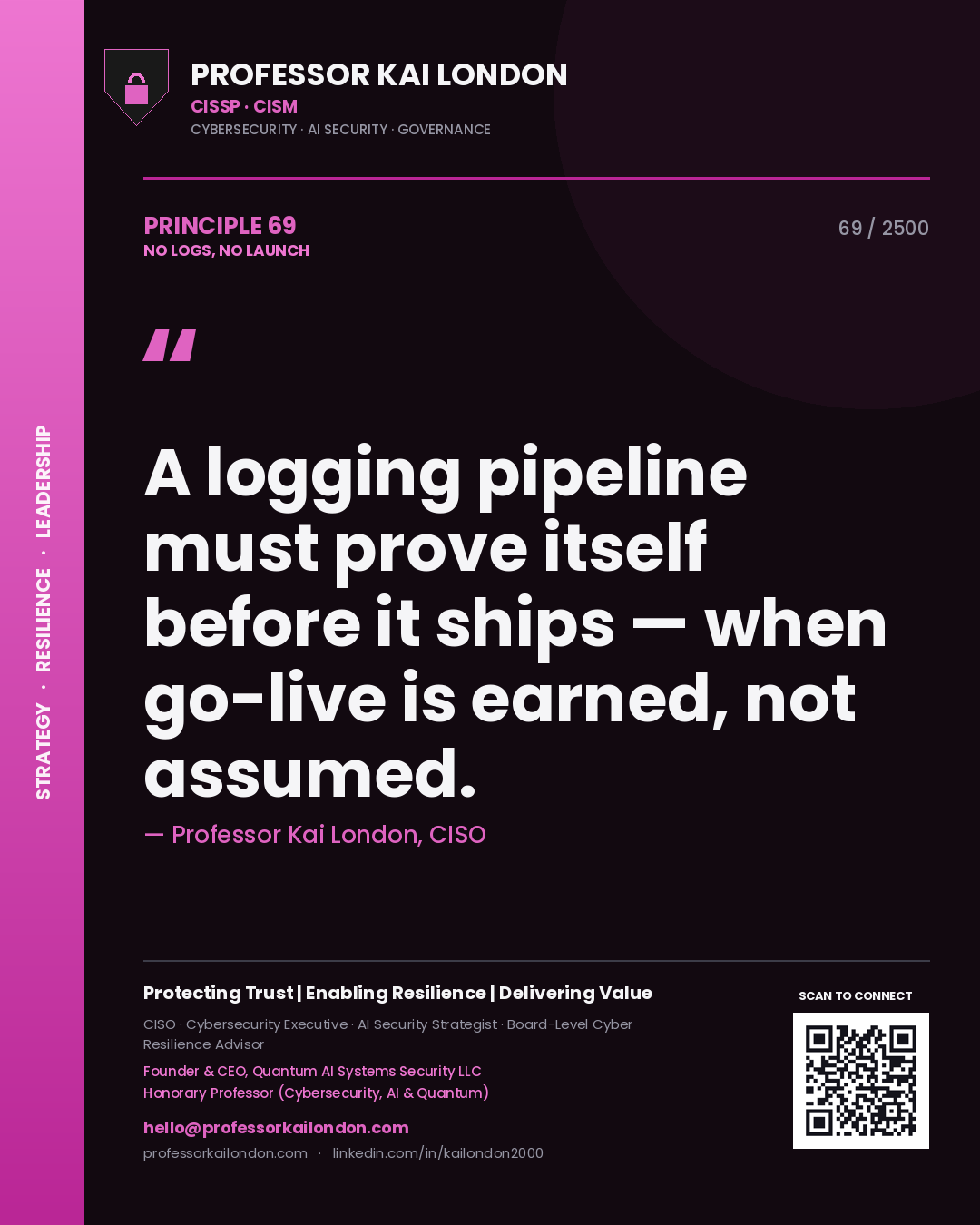 Professor Kai London principle 69: A logging pipeline must prove itself before it ships — when go-live is earned, not assumed.