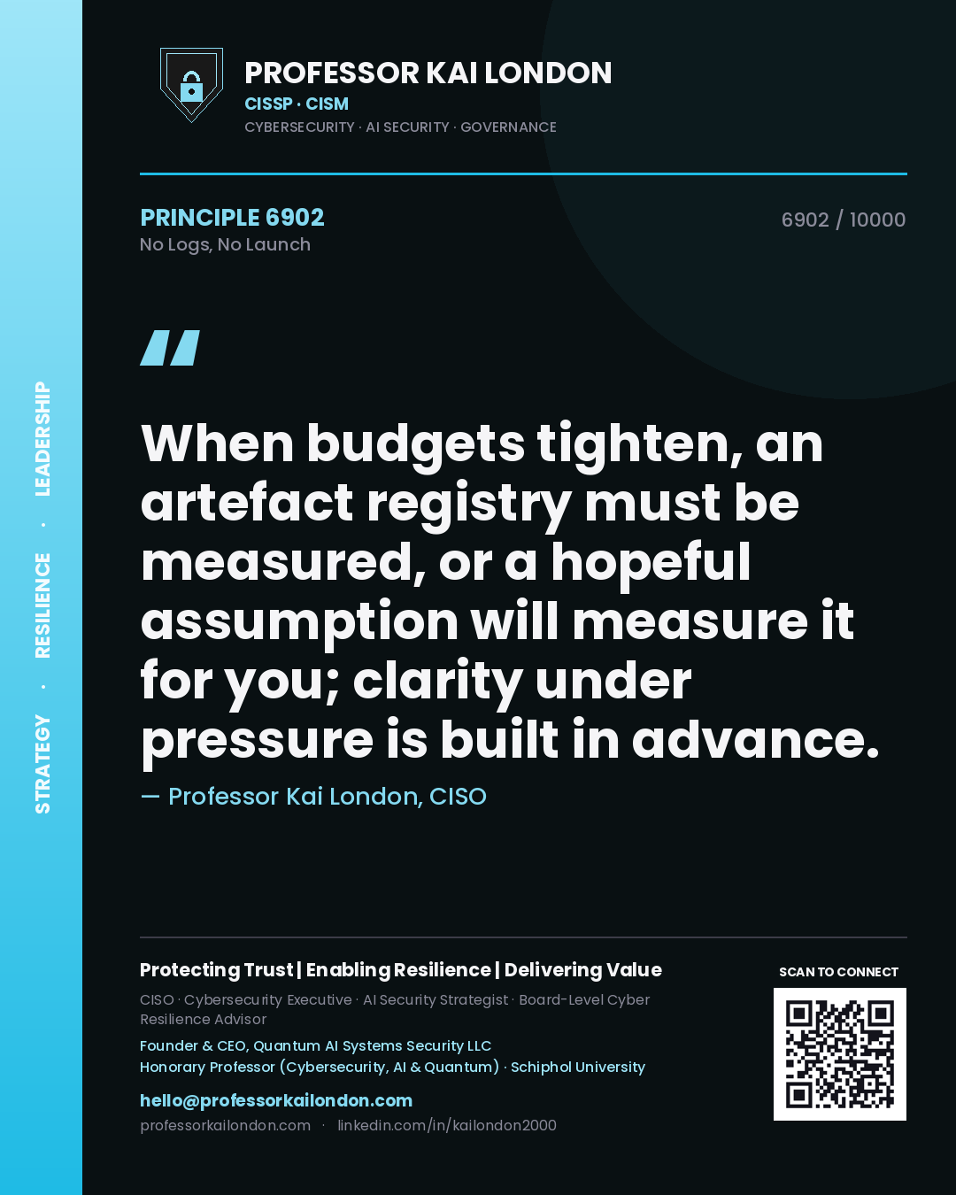 Quote card by Professor Kai London reading 'When budgets tighten, an artefact registry must be measured, or a hopeful assumption will measure it for you; clarity under pressure is built in advance.'. From the book No Logs, No Launch.