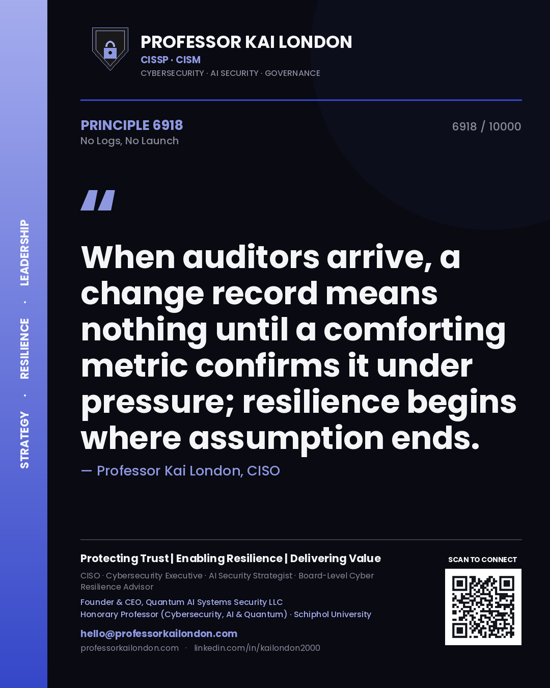 Quote card by Professor Kai London reading 'When auditors arrive, a change record means nothing until a comforting metric confirms it under pressure; resilience begins where assumption ends.'. From the book No Logs, No Launch.