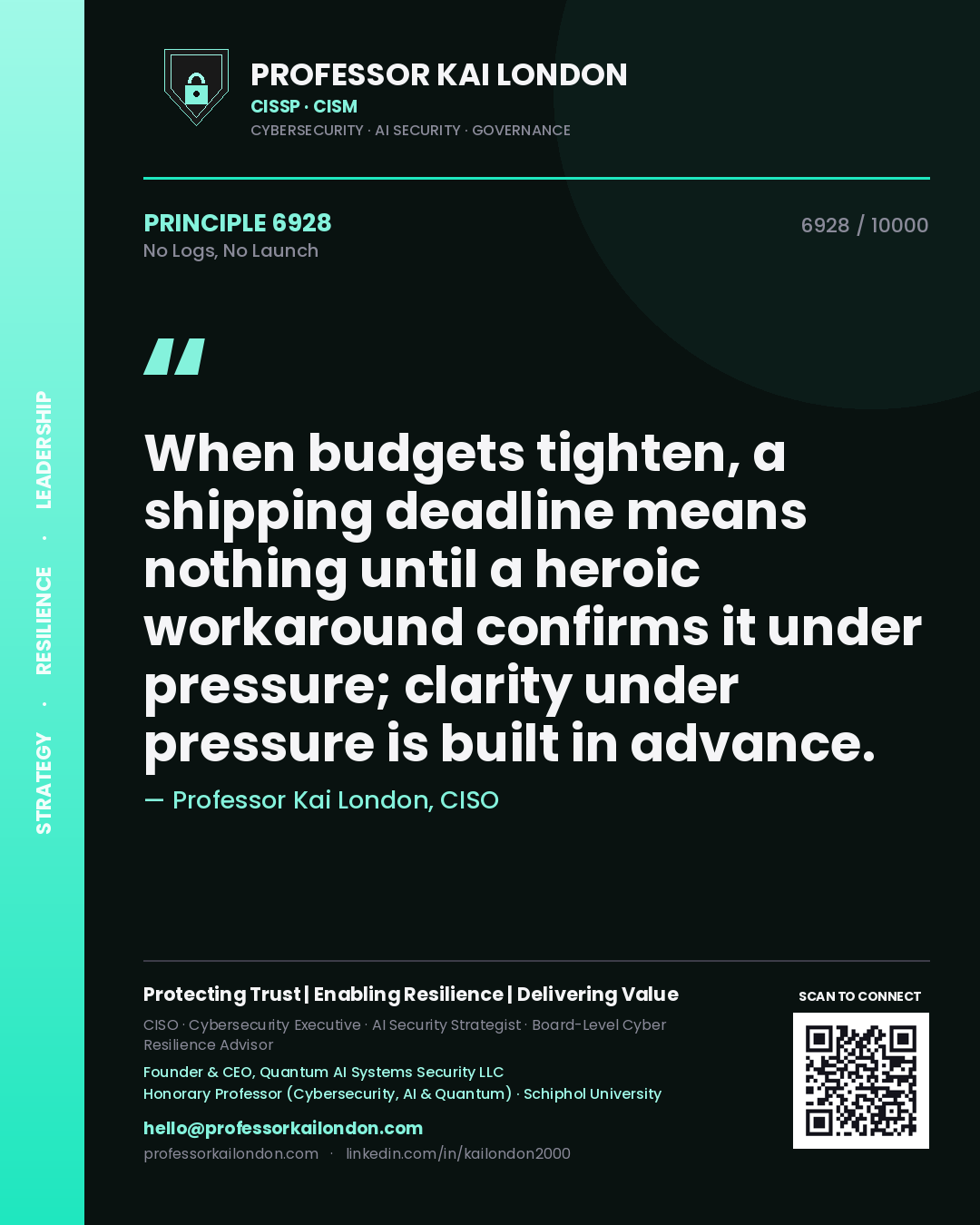 Professor Kai London principle 6928: When budgets tighten, a shipping deadline means nothing until a heroic workaround confirms it under pressure; clarity under pressure is built in advance.