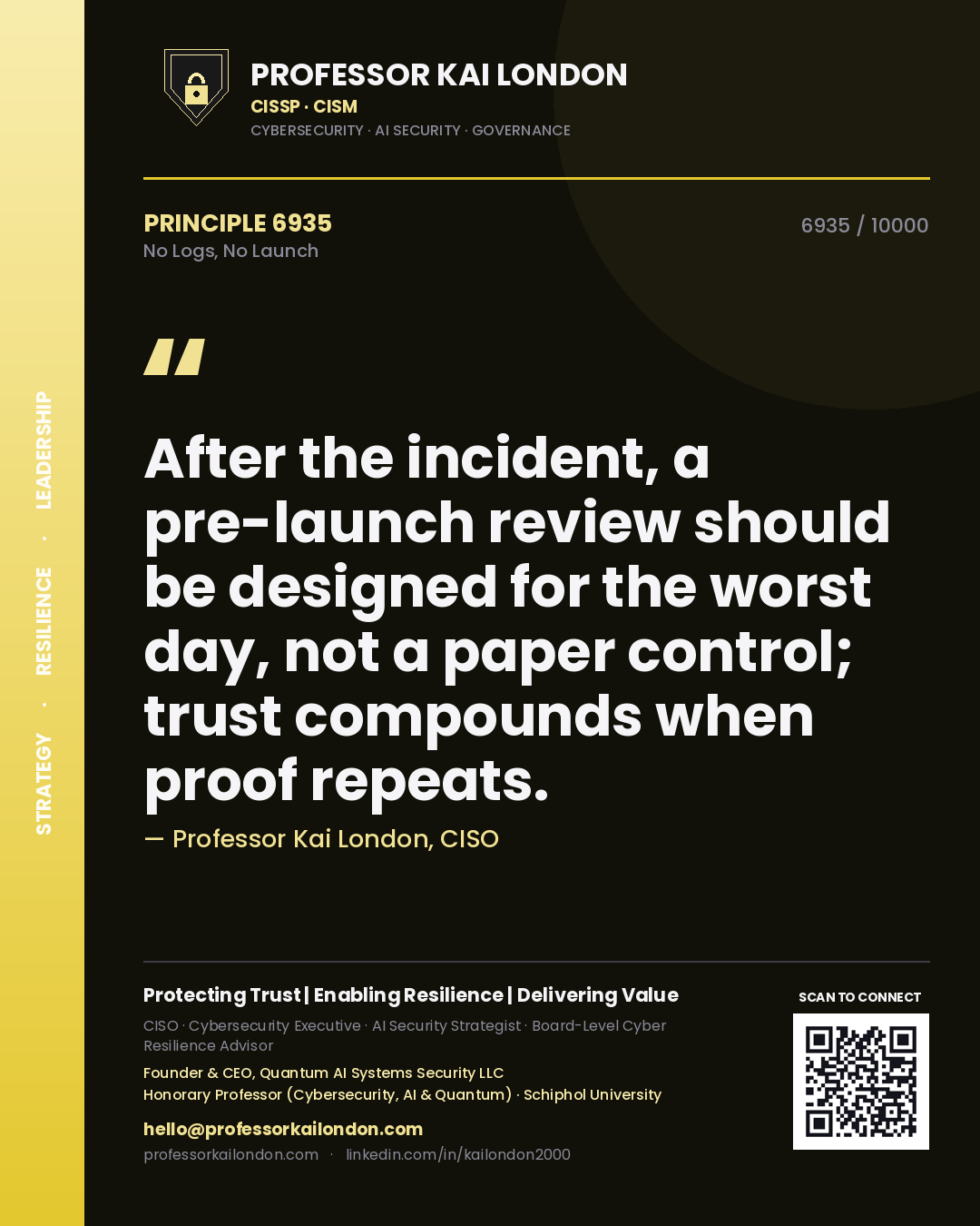 Quote card by Professor Kai London reading 'After the incident, a pre-launch review should be designed for the worst day, not a paper control; trust compounds when proof repeats.'. From the book No Logs, No Launch.