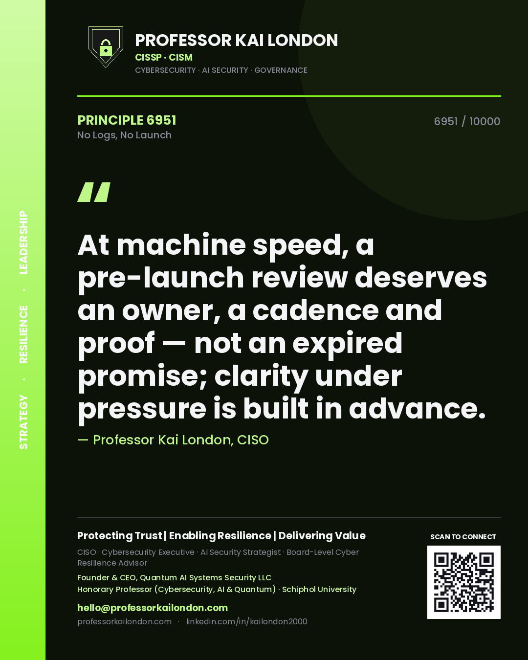 Quote card by Professor Kai London reading 'At machine speed, a pre-launch review deserves an owner, a cadence and proof — not an expired promise; clarity under pressure is built in advance.'. From the book No Logs, No Launch.