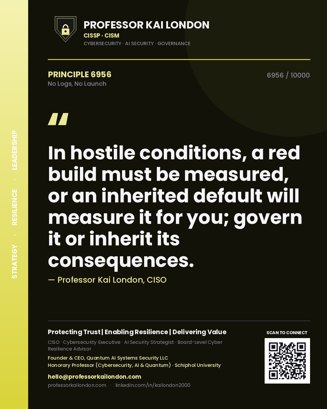 Quote card by Professor Kai London reading 'In hostile conditions, a red build must be measured, or an inherited default will measure it for you; govern it or inherit its consequences.'. From the book No Logs, No Launch.