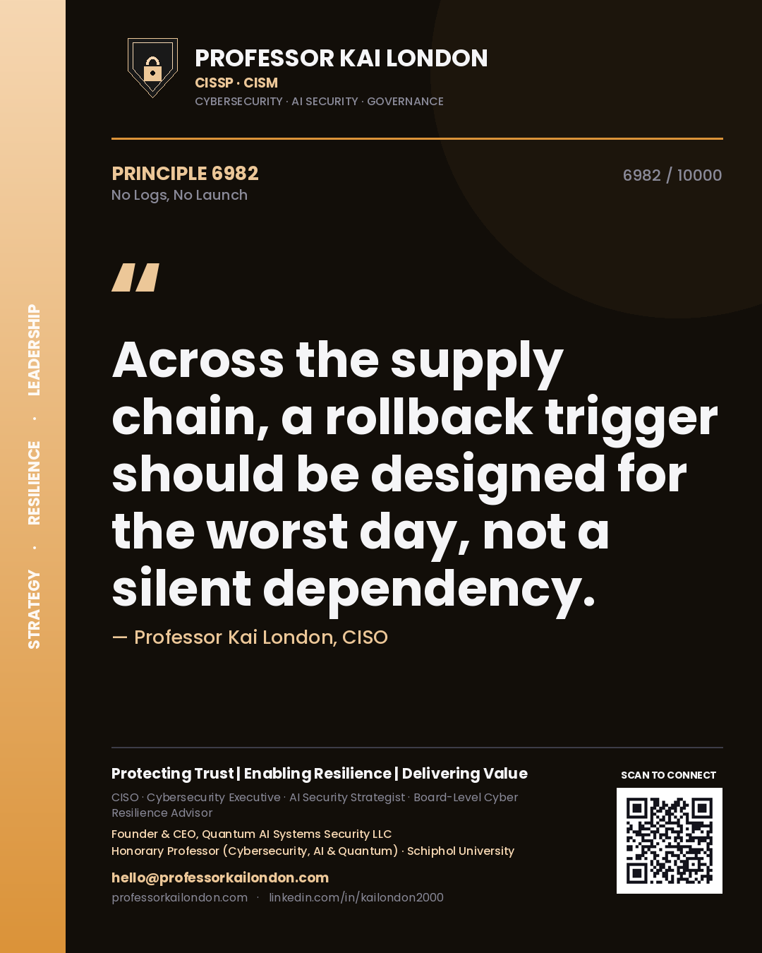 Quote card by Professor Kai London reading 'Across the supply chain, a rollback trigger should be designed for the worst day, not a silent dependency.'. From the book No Logs, No Launch.