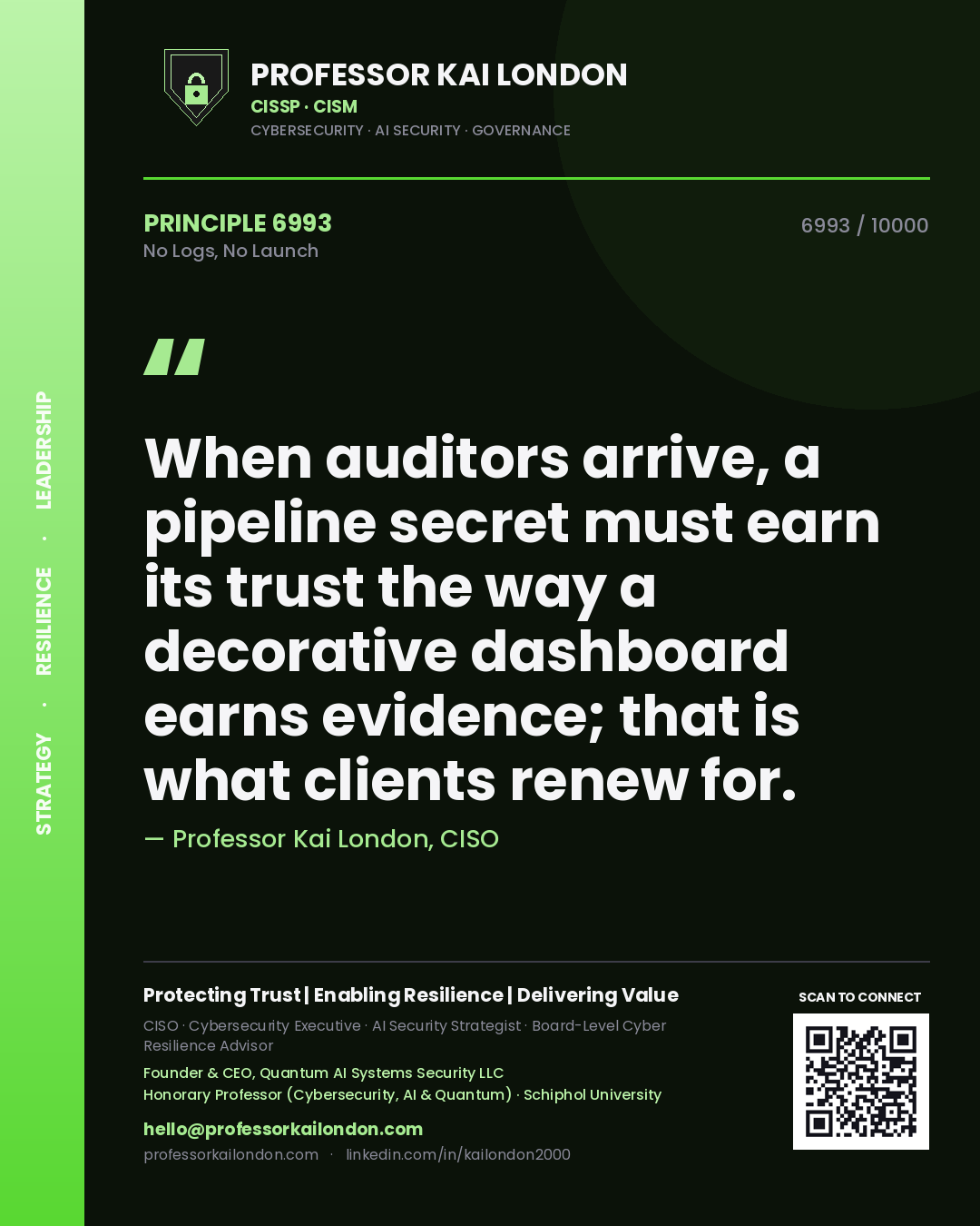 Quote card by Professor Kai London reading 'When auditors arrive, a pipeline secret must earn its trust the way a decorative dashboard earns evidence; that is what clients renew for.'. From the book No Logs, No Launch.