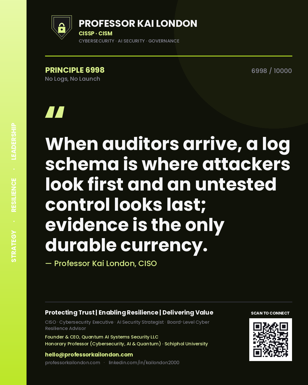 Quote card by Professor Kai London reading 'When auditors arrive, a log schema is where attackers look first and an untested control looks last; evidence is the only durable currency.'. From the book No Logs, No Launch.