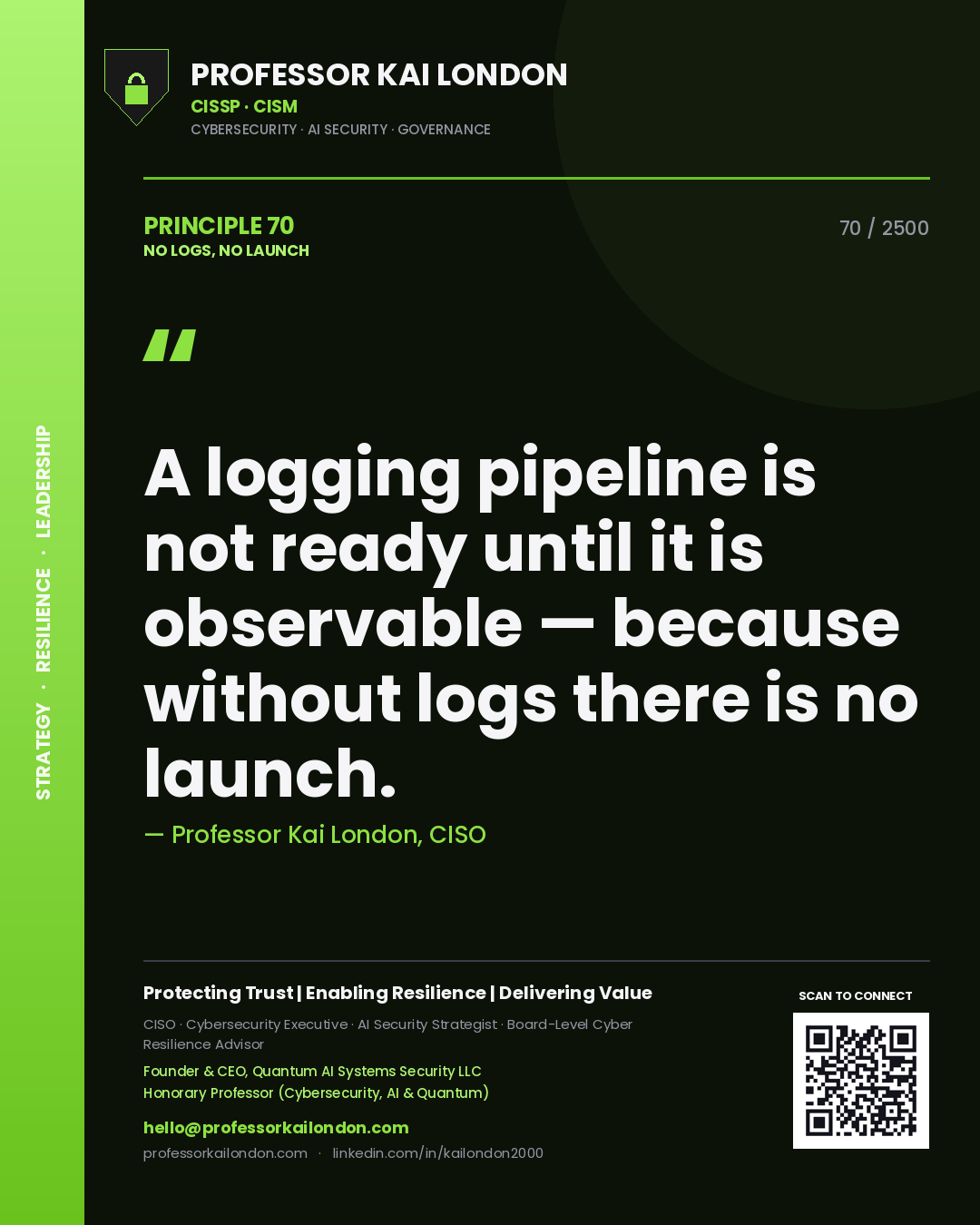 Quote card by Professor Kai London reading 'A logging pipeline is not ready until it is observable — because without logs there is no launch.'. From the book No Logs, No Launch.