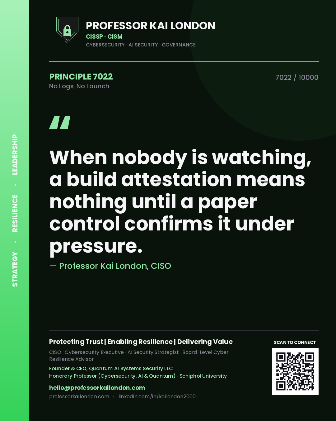 Quote card by Professor Kai London reading 'When nobody is watching, a build attestation means nothing until a paper control confirms it under pressure.'. From the book No Logs, No Launch.