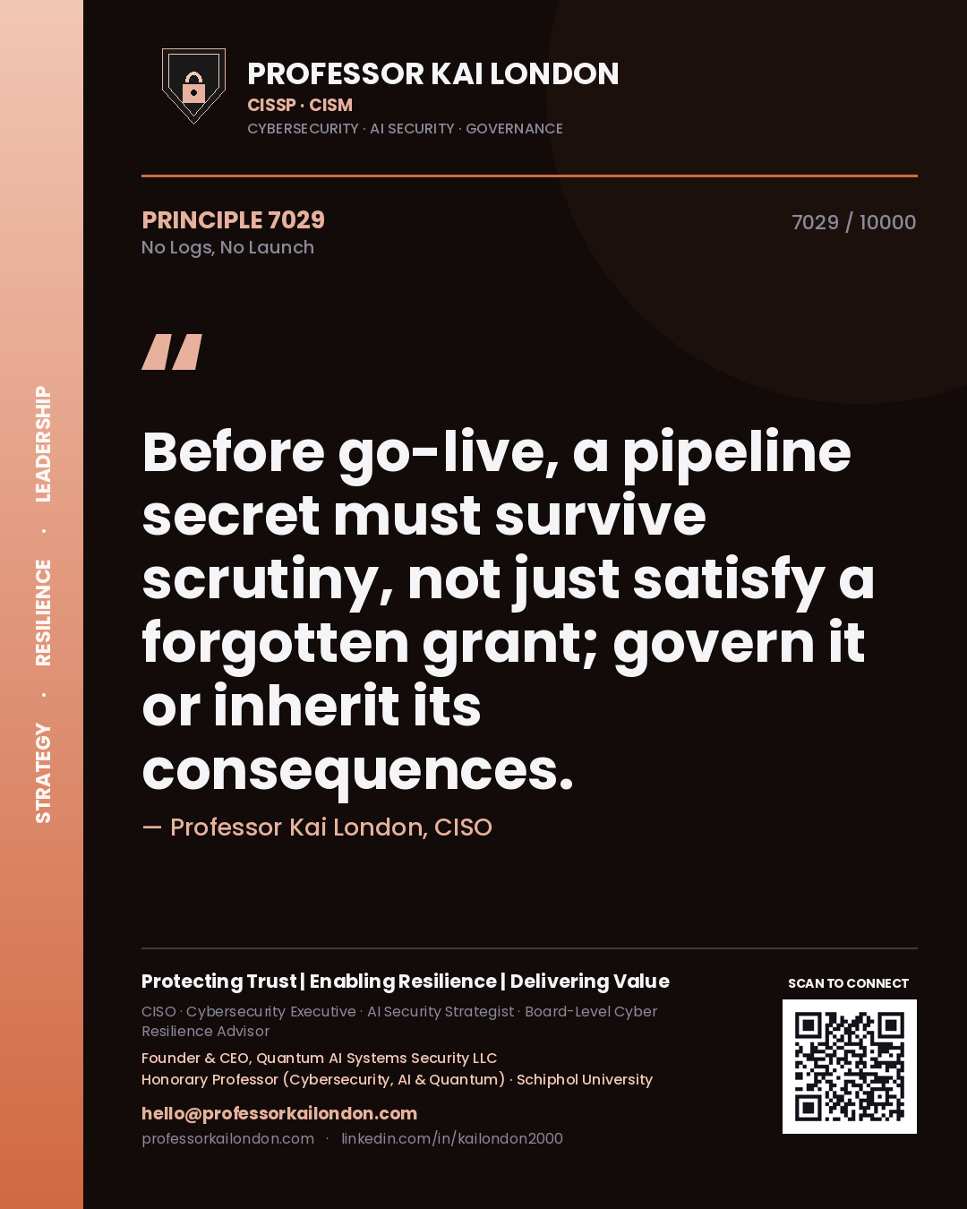 Quote card by Professor Kai London reading 'Before go-live, a pipeline secret must survive scrutiny, not just satisfy a forgotten grant; govern it or inherit its consequences.'. From the book No Logs, No Launch.