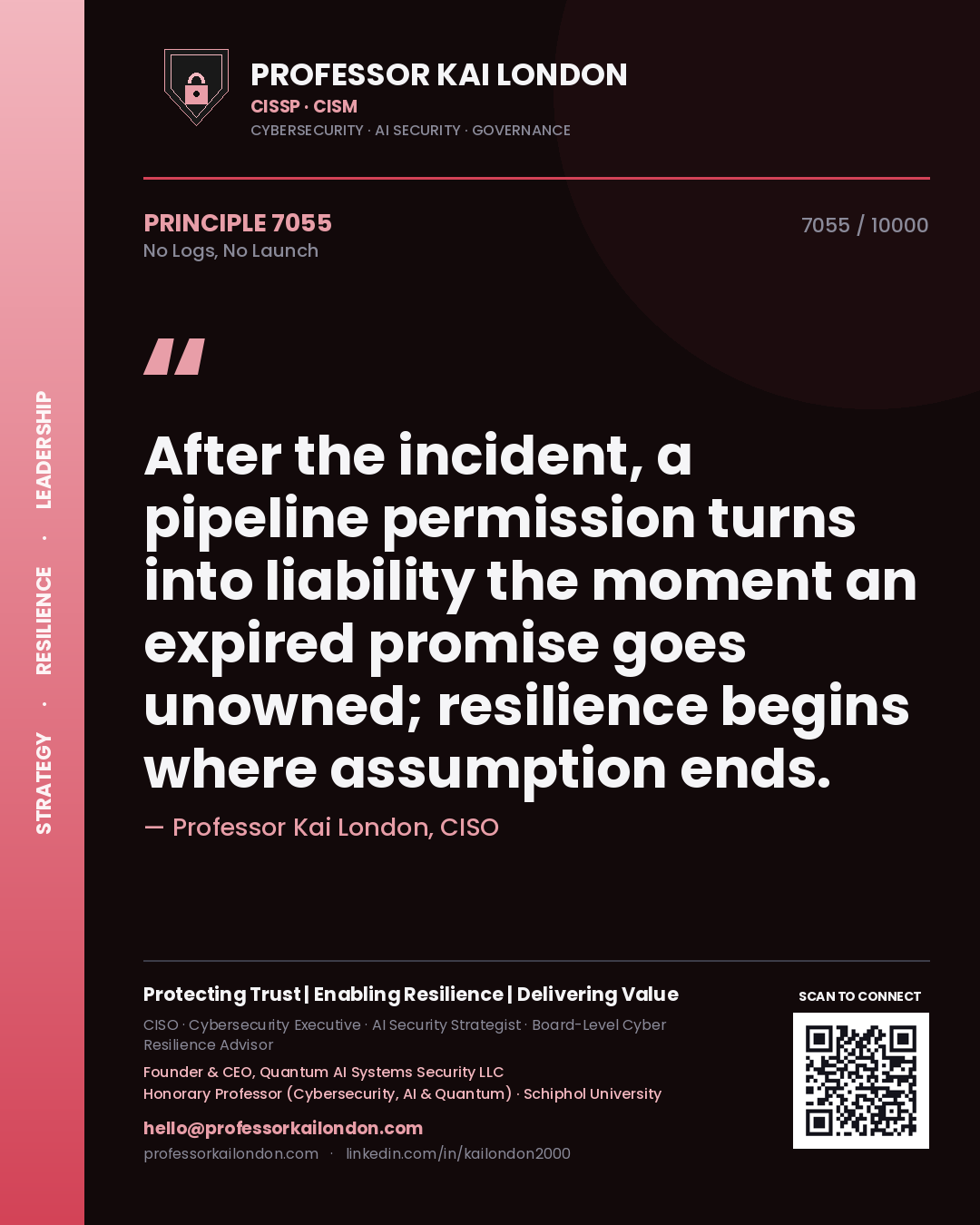 Quote card by Professor Kai London reading 'After the incident, a pipeline permission turns into liability the moment an expired promise goes unowned; resilience begins where assumption ends.'. From the book No Logs, No Launch.