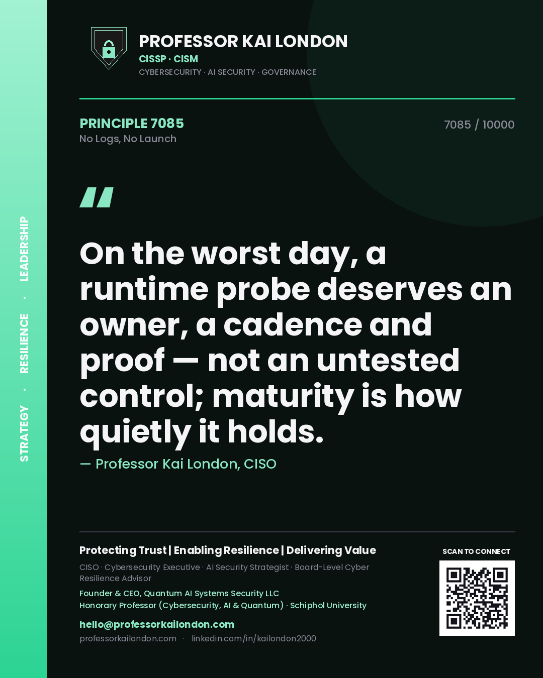 Quote card by Professor Kai London reading 'On the worst day, a runtime probe deserves an owner, a cadence and proof — not an untested control; maturity is how quietly it holds.'. From the book No Logs, No Launch.