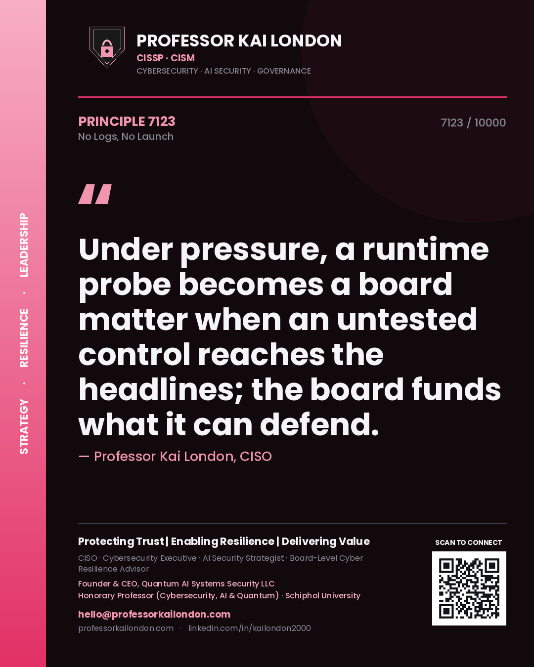 Professor Kai London principle 7123: Under pressure, a runtime probe becomes a board matter when an untested control reaches the headlines; the board funds what it can defend.