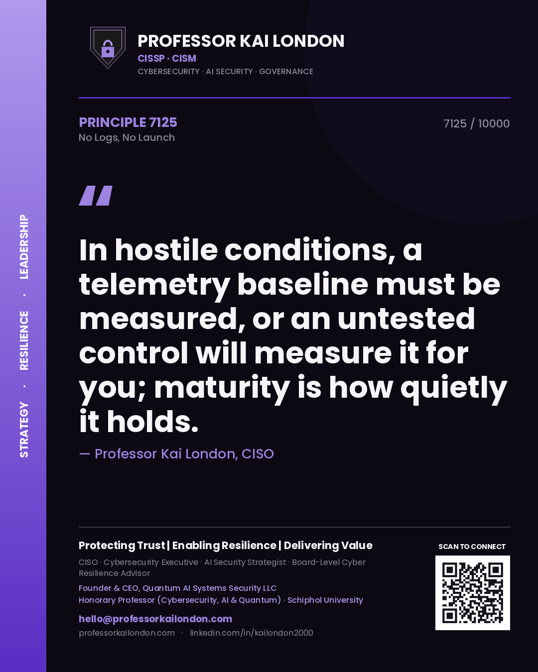 Professor Kai London principle 7125: In hostile conditions, a telemetry baseline must be measured, or an untested control will measure it for you; maturity is how quietly it holds.