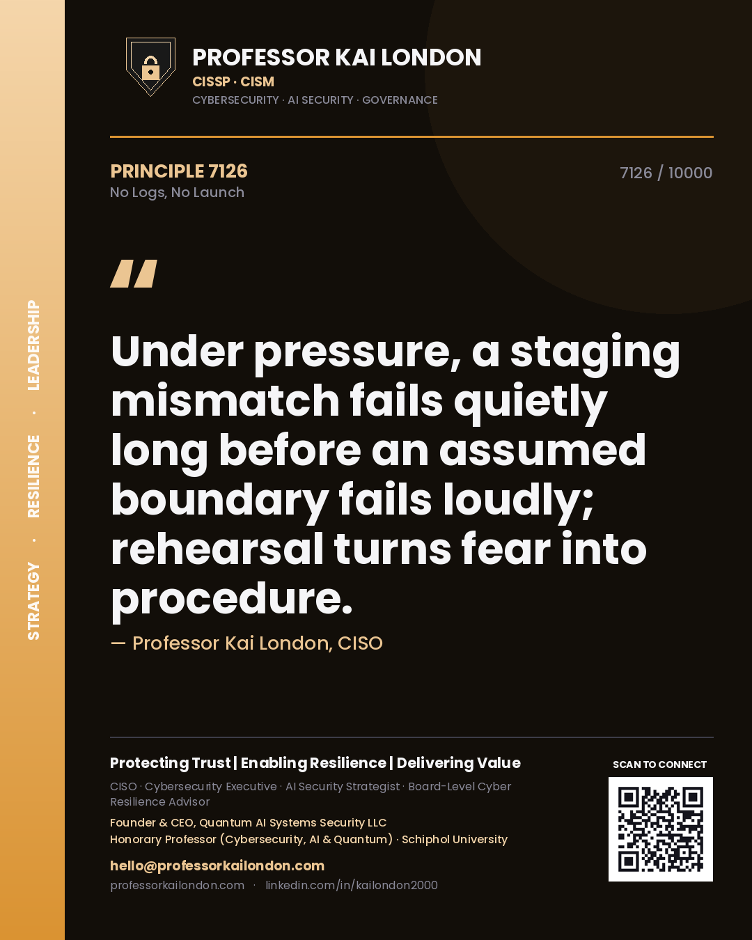 Professor Kai London principle 7126: Under pressure, a staging mismatch fails quietly long before an assumed boundary fails loudly; rehearsal turns fear into procedure.