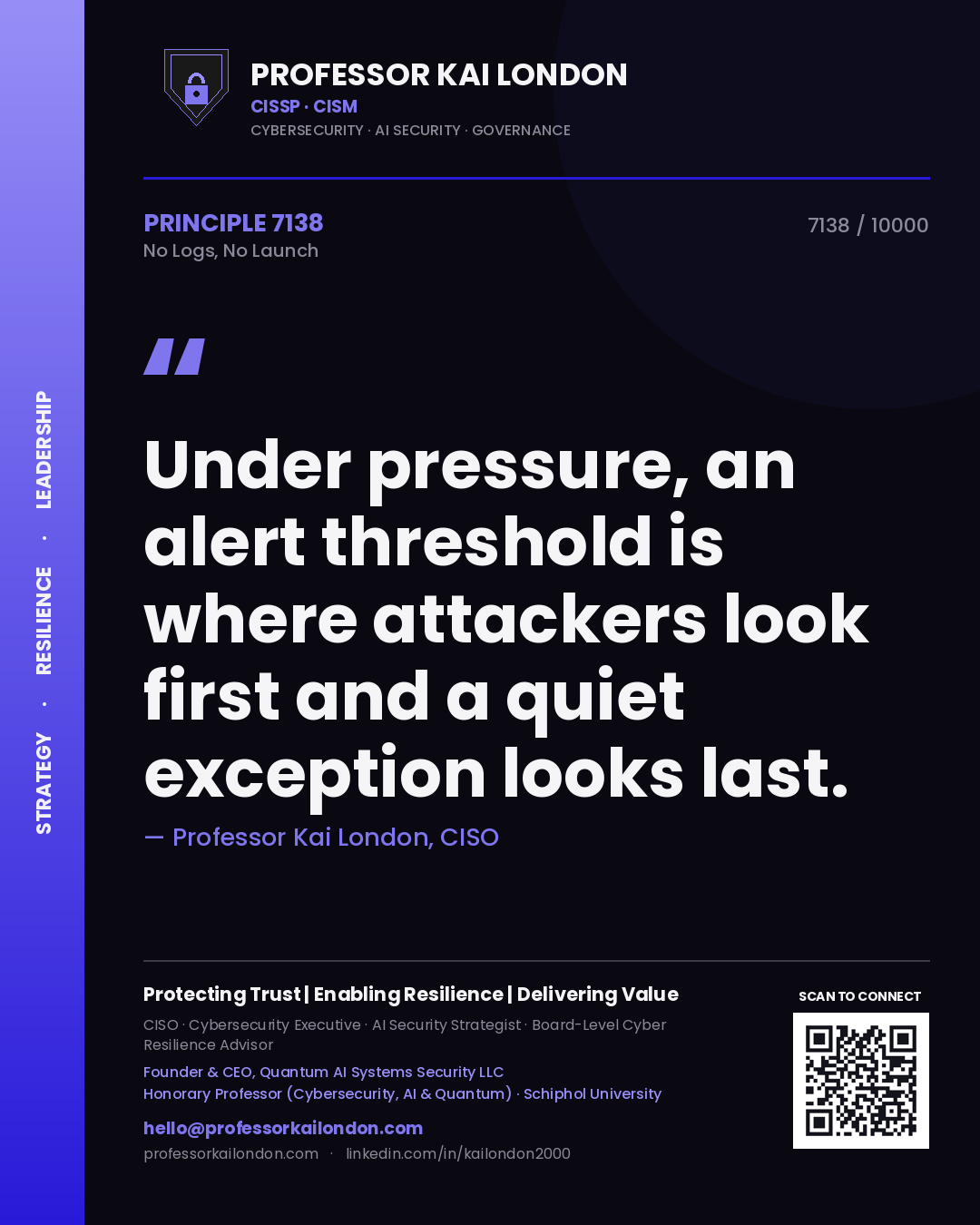 Quote card by Professor Kai London reading 'Under pressure, an alert threshold is where attackers look first and a quiet exception looks last.'. From the book No Logs, No Launch.